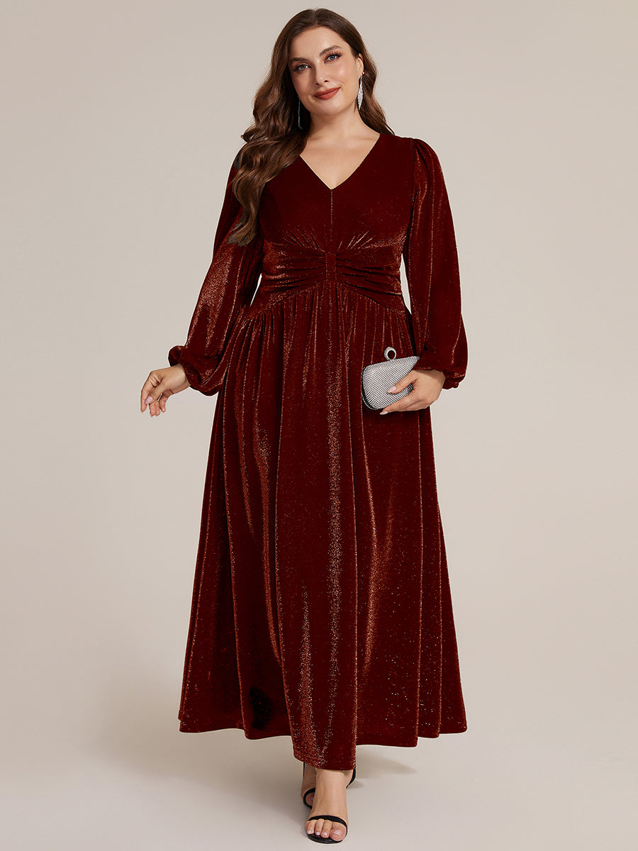 Color=Burgundy | Factory Design Long Sleeve Puff Sleeve V-Neck A-Line High Stretch Maxi Evening Dresses-Burgundy 6