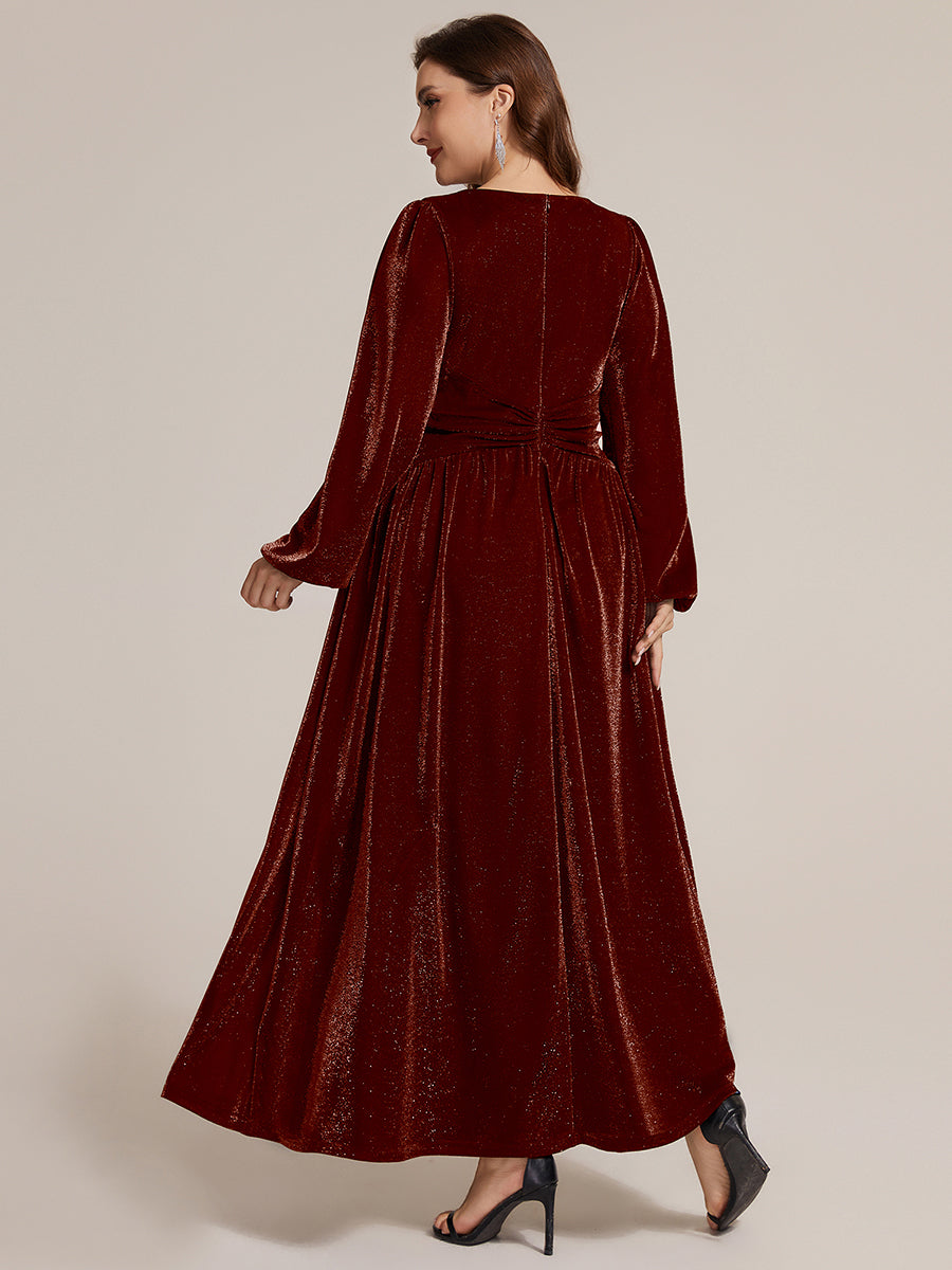 Color=Burgundy | Factory Design Long Sleeve Puff Sleeve V-Neck A-Line High Stretch Maxi Evening Dresses-Burgundy 7