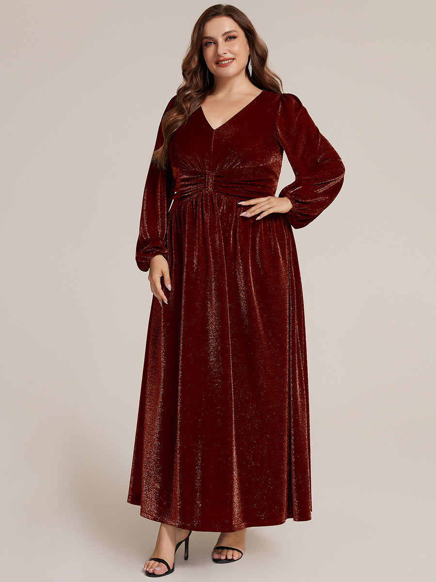 Color=Burgundy | Factory Design Long Sleeve Puff Sleeve V-Neck A-Line High Stretch Maxi Evening Dresses-Burgundy 9