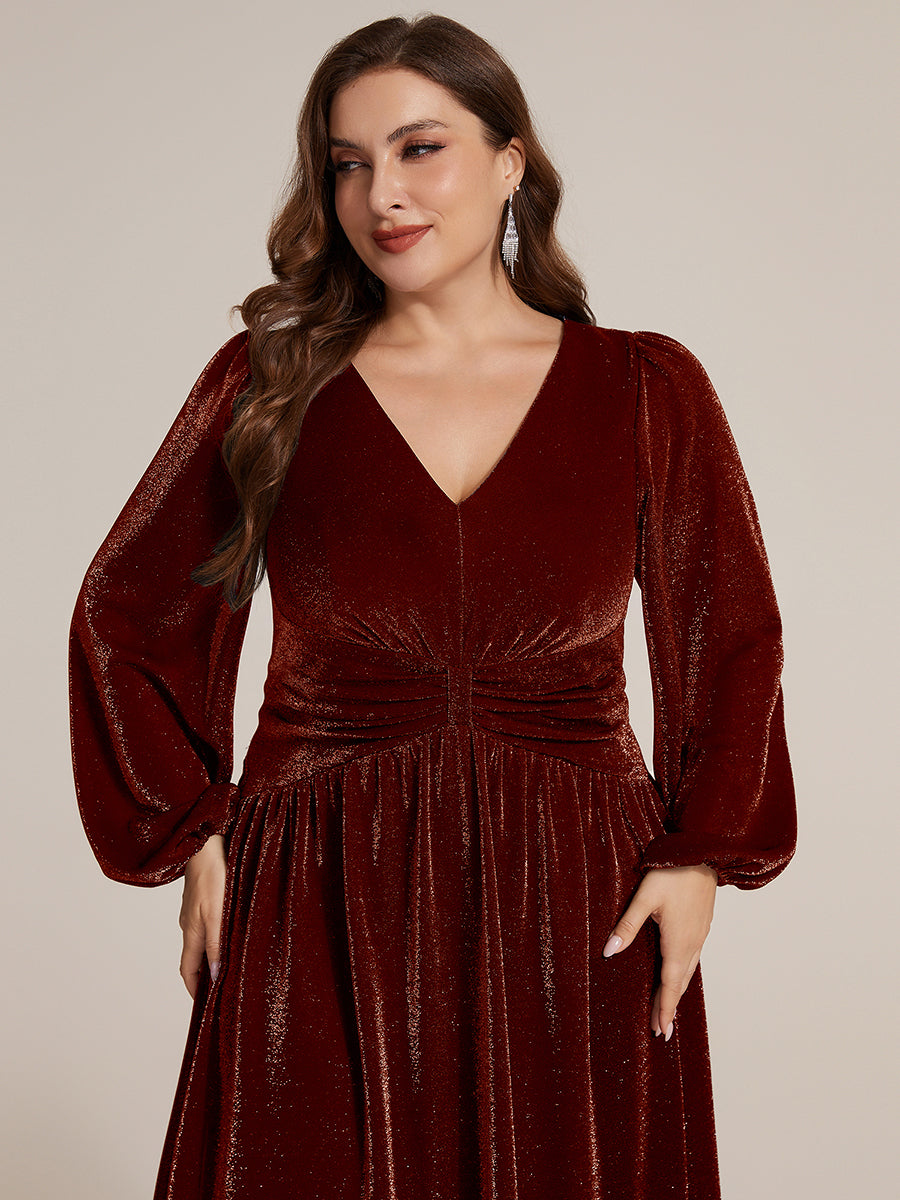 Color=Burgundy | Factory Design Long Sleeve Puff Sleeve V-Neck A-Line High Stretch Maxi Evening Dresses-Burgundy 8