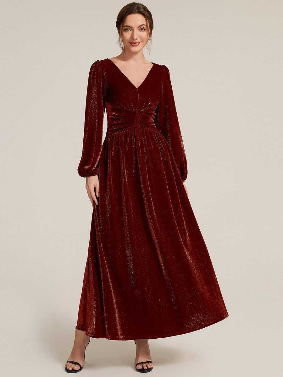 Color=Burgundy | Factory Design Long Sleeve Puff Sleeve V-Neck A-Line High Stretch Maxi Evening Dresses-Burgundy 1