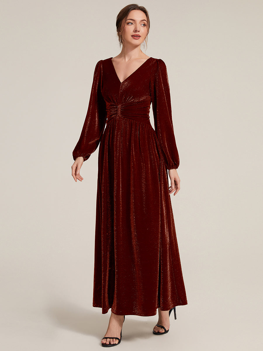 Color=Burgundy | Factory Design Long Sleeve Puff Sleeve V-Neck A-Line High Stretch Maxi Evening Dresses-Burgundy 4