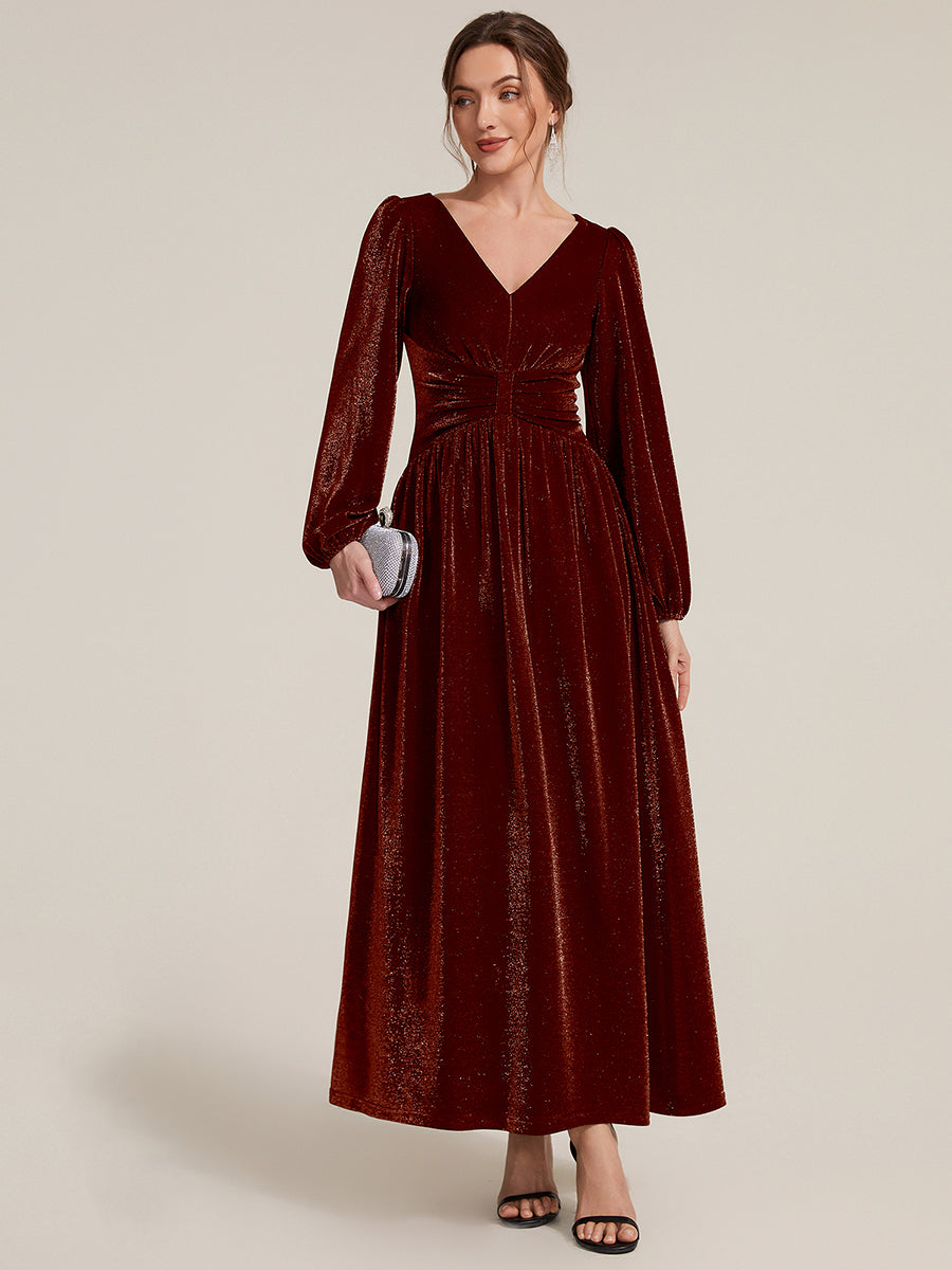 Color=Burgundy | Factory Design Long Sleeve Puff Sleeve V-Neck A-Line High Stretch Maxi Evening Dresses-Burgundy 5