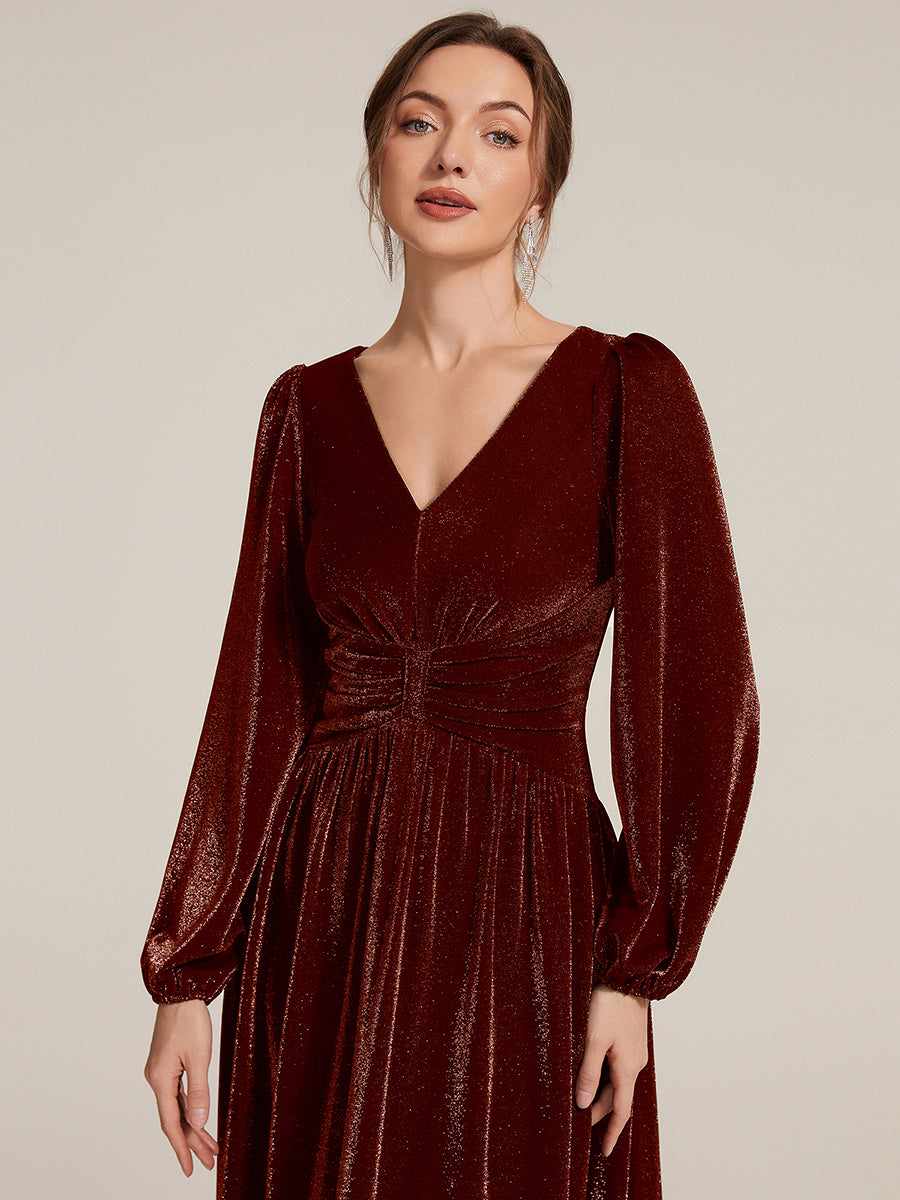 Color=Burgundy | Factory Design Long Sleeve Puff Sleeve V-Neck A-Line High Stretch Maxi Evening Dresses-Burgundy 3