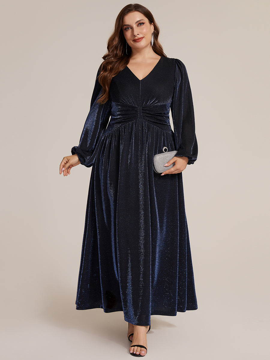 Color=Navy Blue | Factory Design Long Sleeve Puff Sleeve V-Neck A-Line High Stretch Maxi Evening Dresses-Navy Blue 16