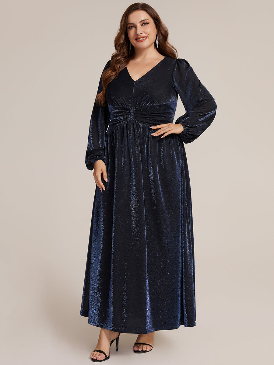 Color=Navy Blue | Factory Design Long Sleeve Puff Sleeve V-Neck A-Line High Stretch Maxi Evening Dresses-Navy Blue 19