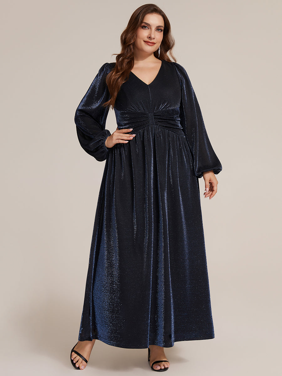 Color=Navy Blue | Factory Design Long Sleeve Puff Sleeve V-Neck A-Line High Stretch Maxi Evening Dresses-Navy Blue 20