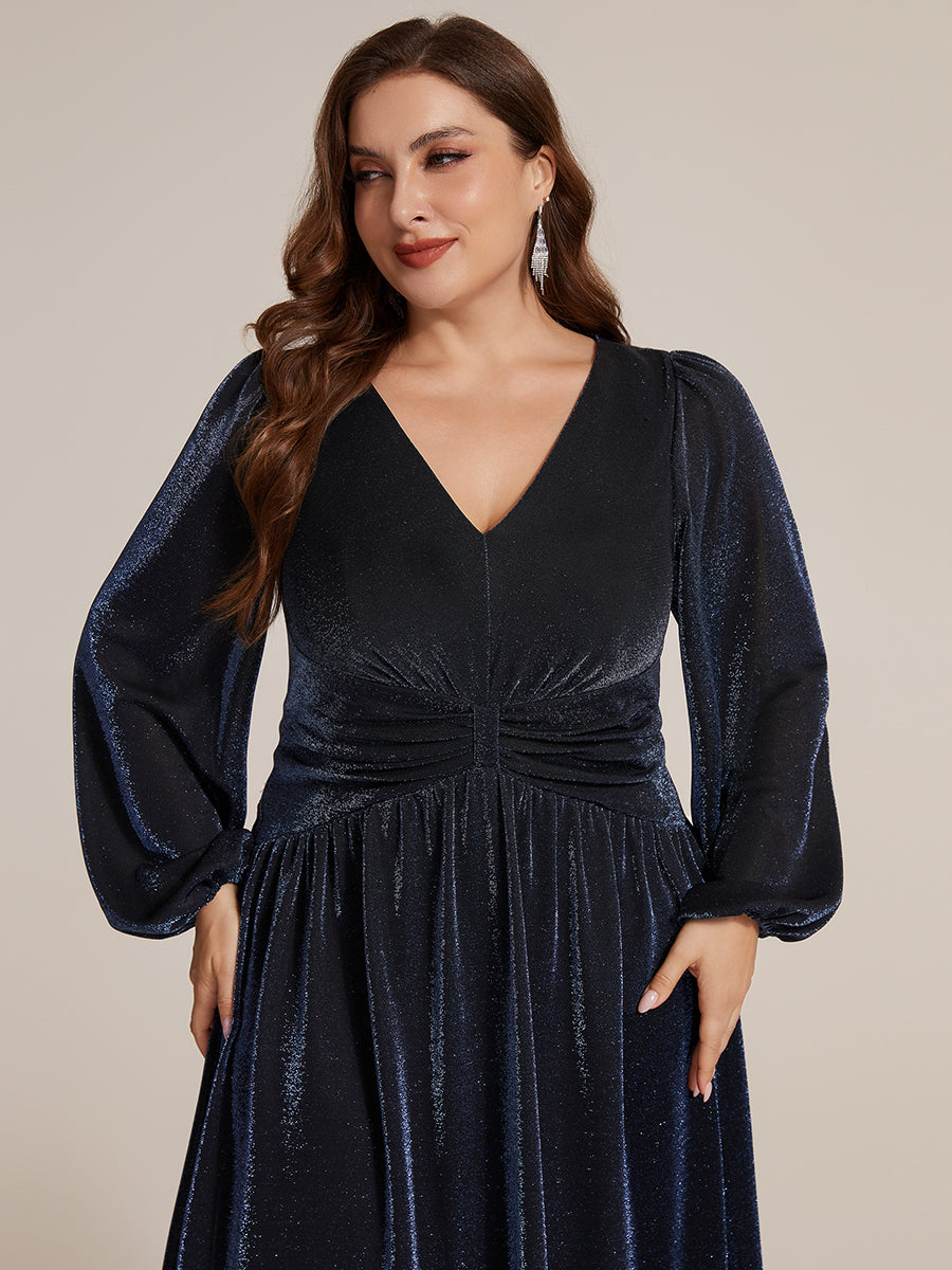 Color=Navy Blue | Factory Design Long Sleeve Puff Sleeve V-Neck A-Line High Stretch Maxi Evening Dresses-Navy Blue 18