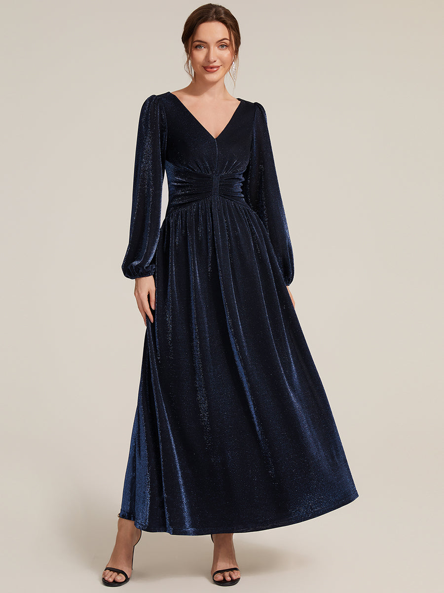 Color=Navy Blue | Factory Design Long Sleeve Puff Sleeve V-Neck A-Line High Stretch Maxi Evening Dresses-Navy Blue 11
