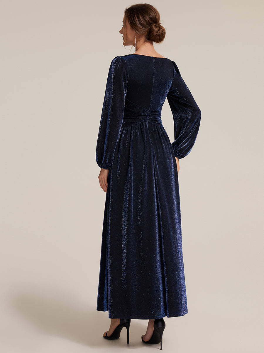 Color=Navy Blue | Factory Design Long Sleeve Puff Sleeve V-Neck A-Line High Stretch Maxi Evening Dresses-Navy Blue 12