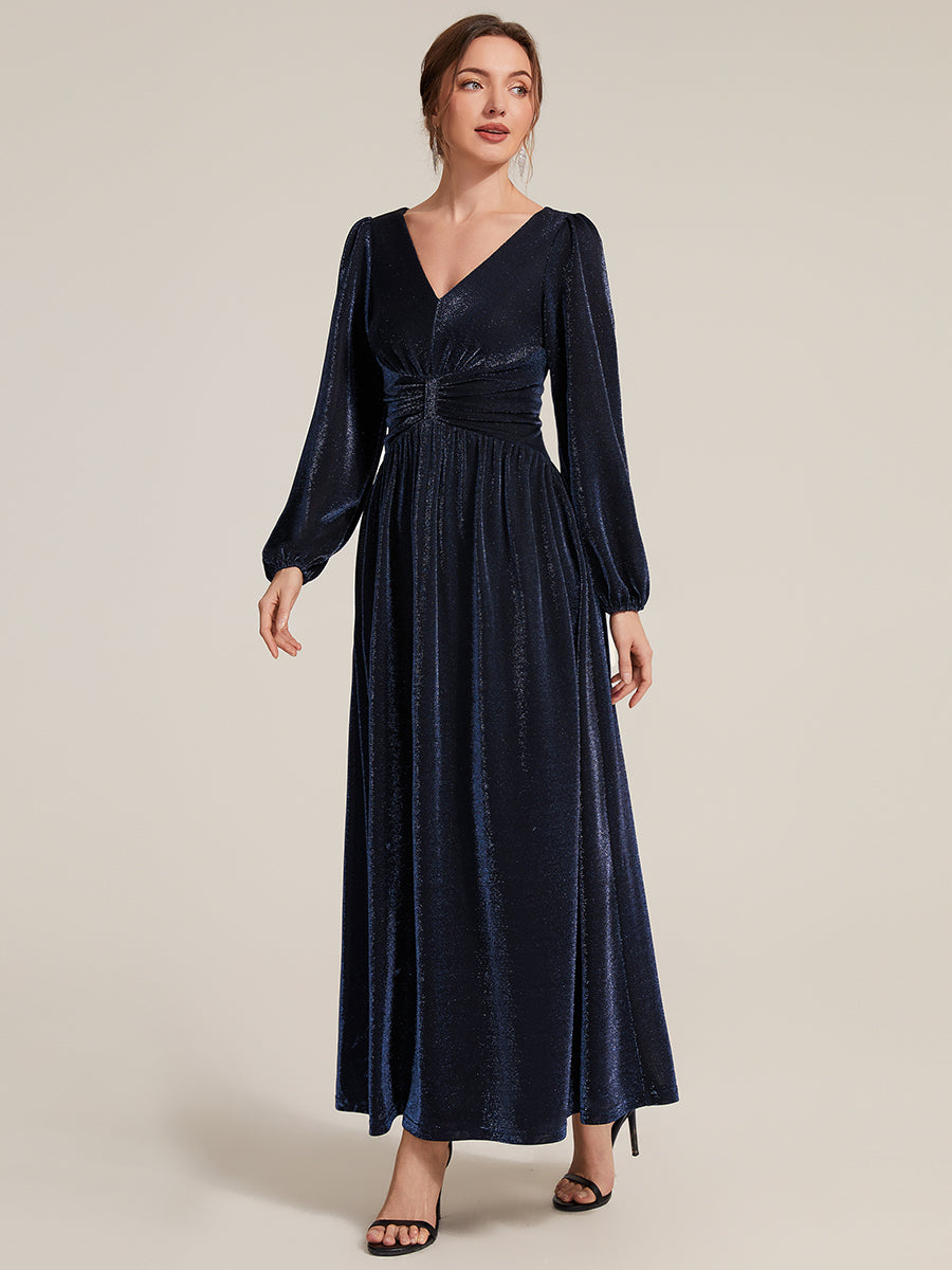 Color=Navy Blue | Factory Design Long Sleeve Puff Sleeve V-Neck A-Line High Stretch Maxi Evening Dresses-Navy Blue 14