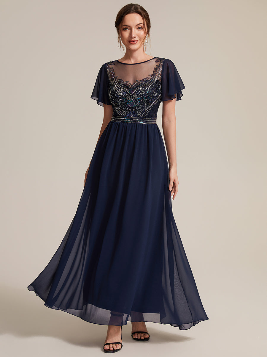Color=Navy Blue | Wholesale Pricing Short Sleeve Ruffle A-Line Maxi Dress with Beaded Details Evening Dresses-Navy Blue 1