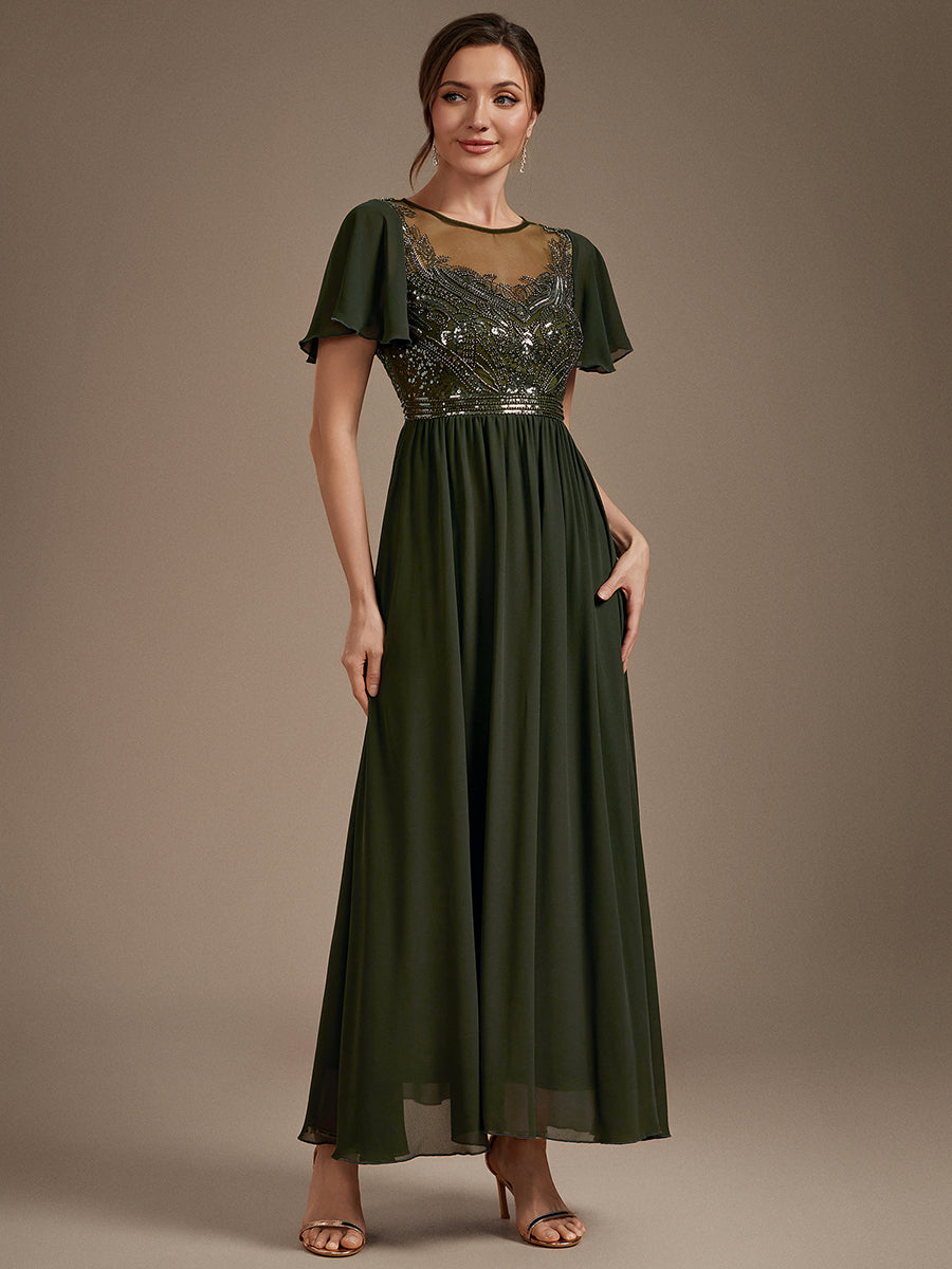 Color=Olive Green | Wholesale Pricing Short Sleeve Ruffle A-Line Maxi Dress with Beaded Details Evening Dresses-Olive Green 14