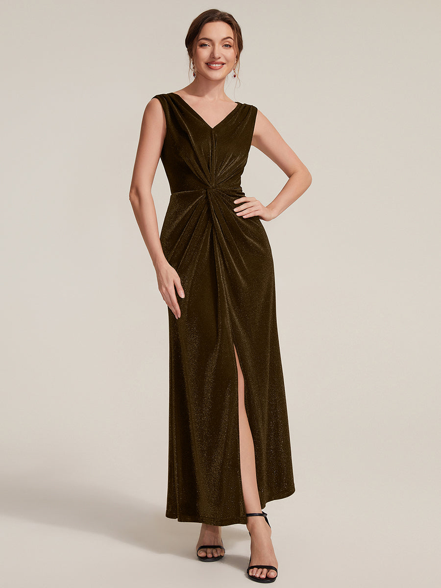 Color=Brown | Factory Design Sleeveless High Stretch V-Neck Sheath Maxi Dress with Knot Detail; Evening Dresses-Brown 10