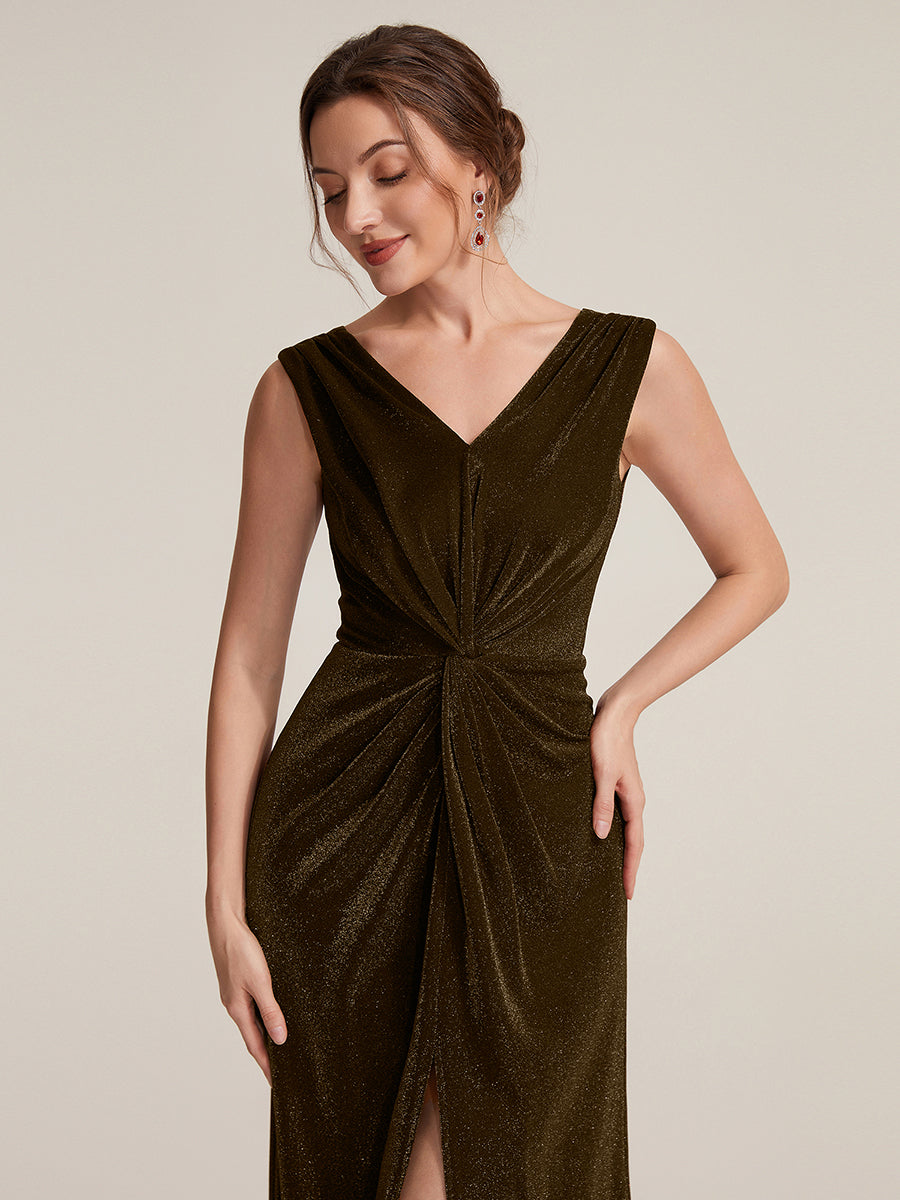 Color=Brown | Factory Design Sleeveless High Stretch V-Neck Sheath Maxi Dress with Knot Detail; Evening Dresses-Brown 8
