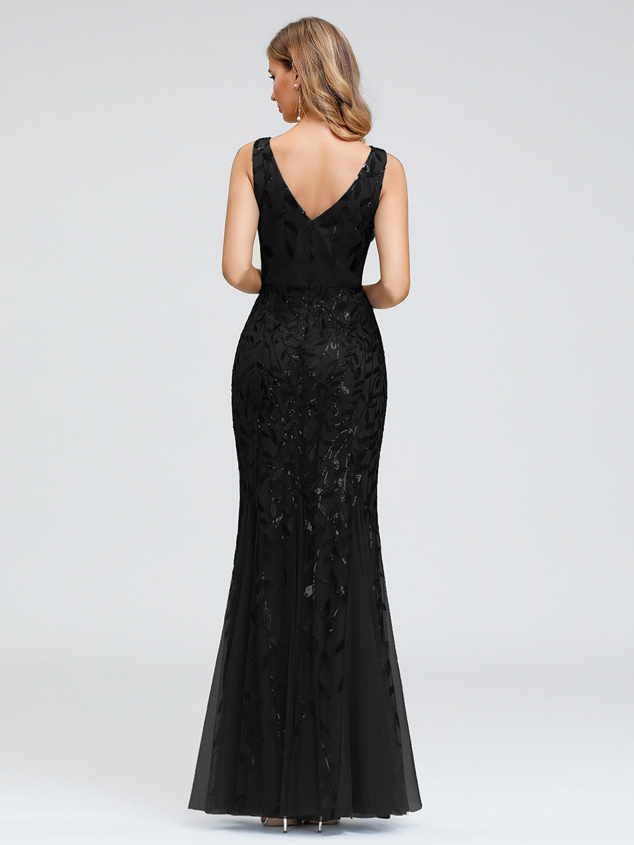 Color=Black | Volume Discounts Strapless Deep V-Neck Sequin Fishtail Maxi Evening Dresses-Black 2