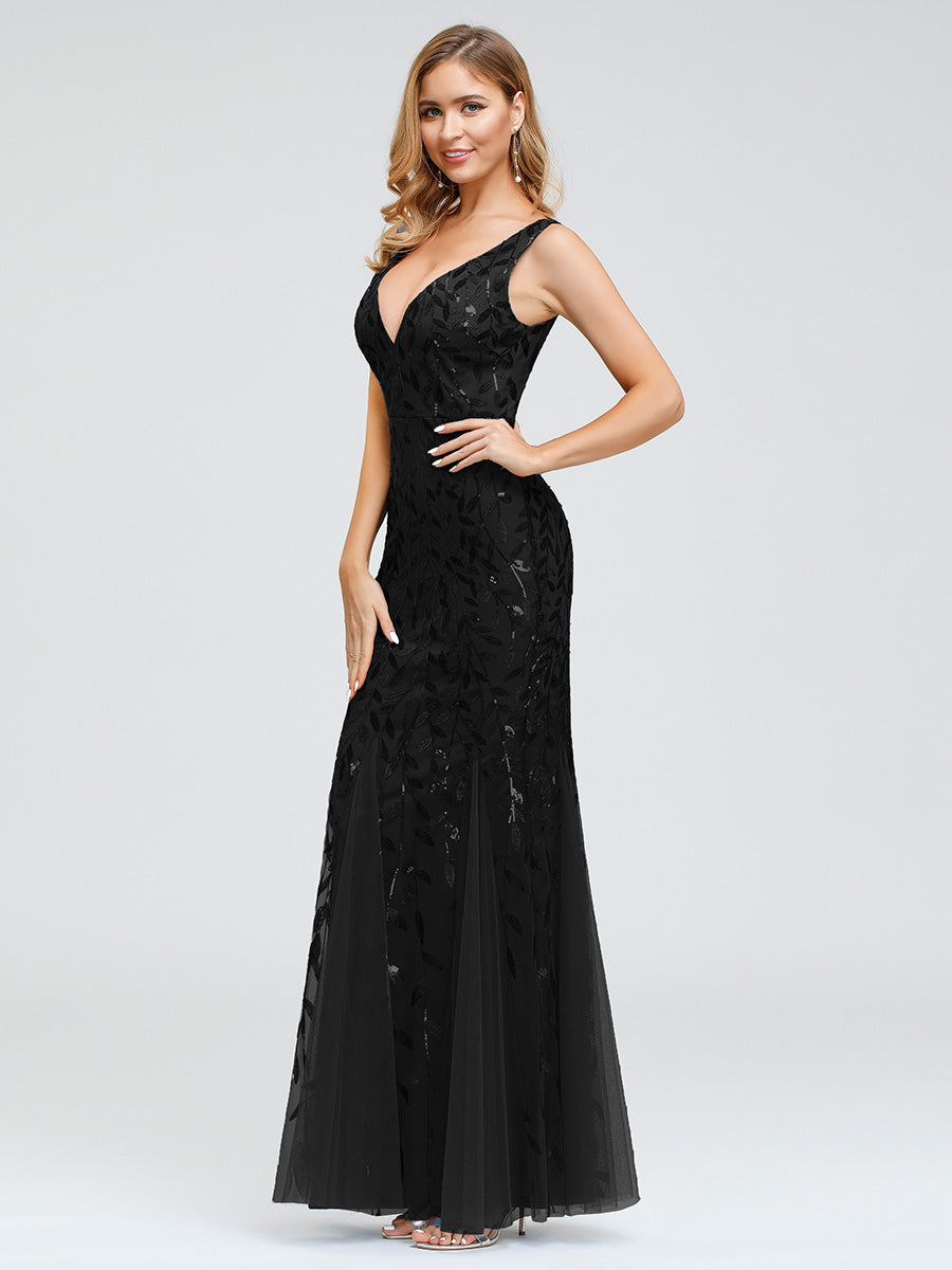 Color=Black | Volume Discounts Strapless Deep V-Neck Sequin Fishtail Maxi Evening Dresses-Black 5