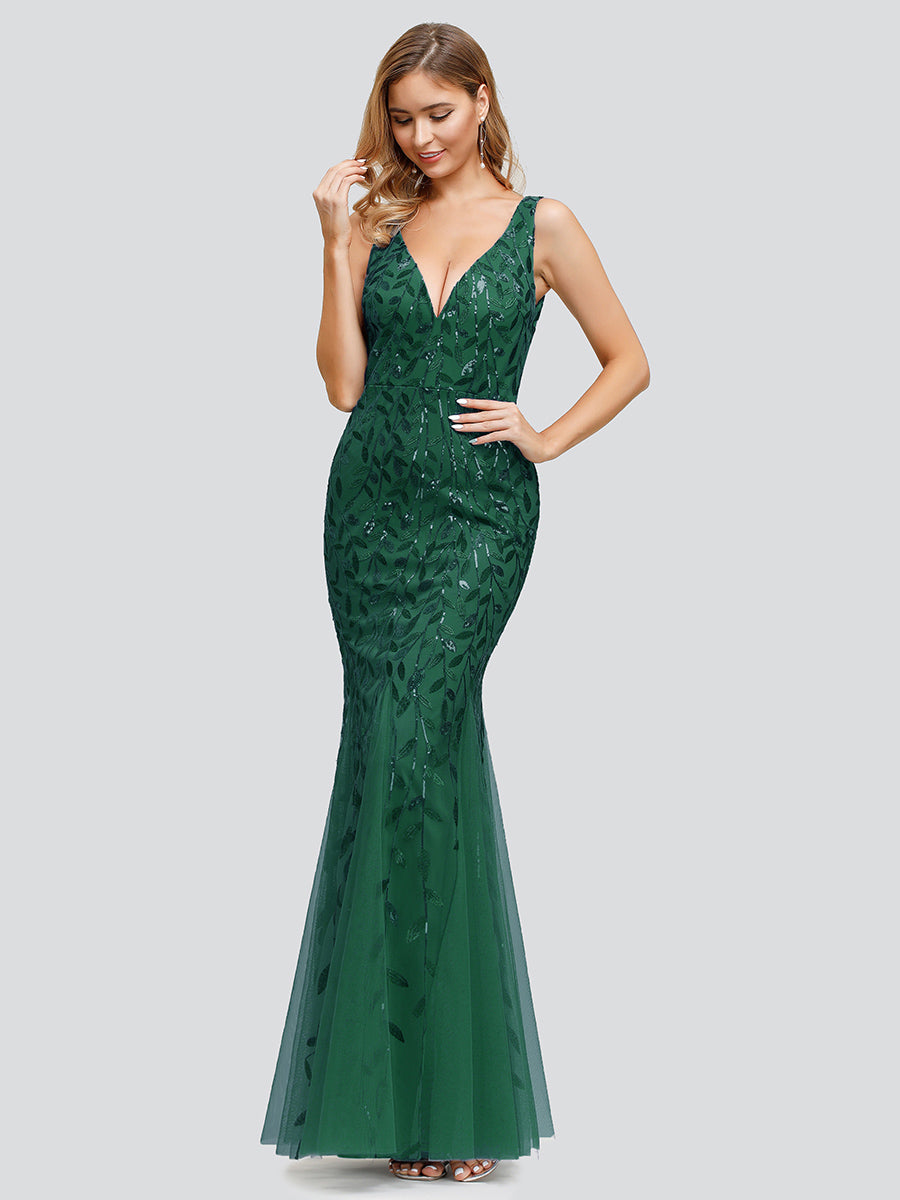 Color=Dark Green | Commercial Wholesale Strapless Deep V-Neck Sequin Fishtail Maxi Evening Dresses-Dark Green 1