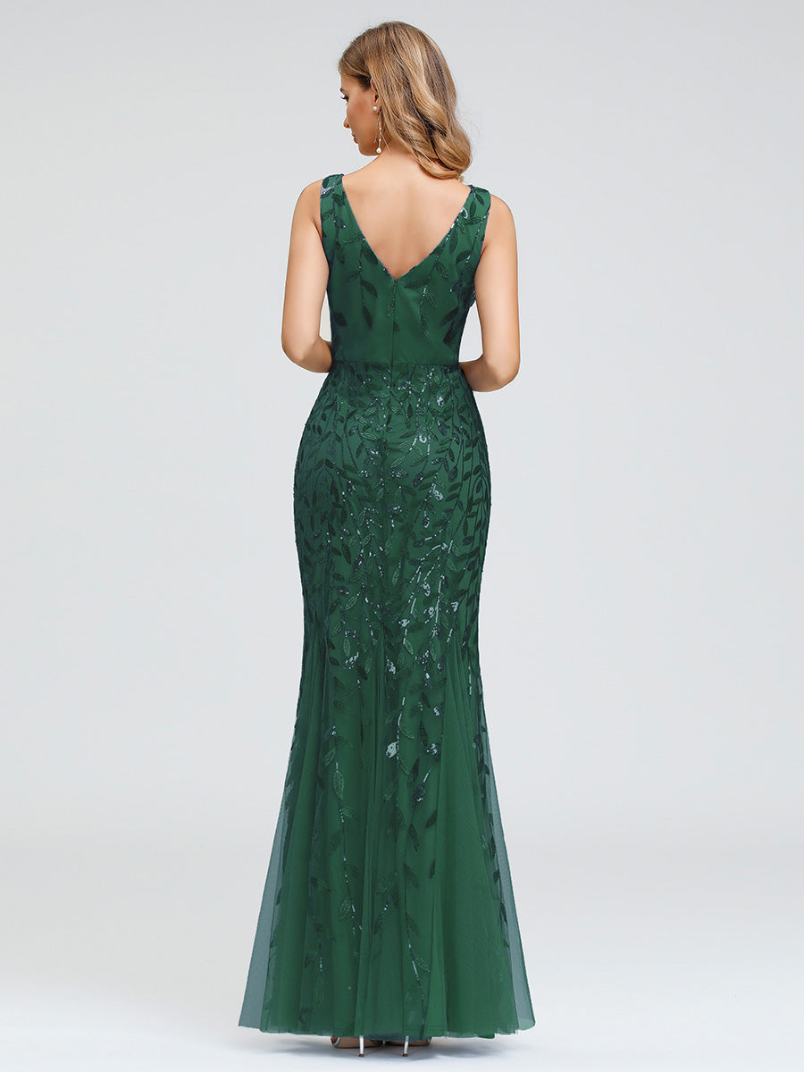Color=Dark Green | Commercial Wholesale Strapless Deep V-Neck Sequin Fishtail Maxi Evening Dresses-Dark Green 2