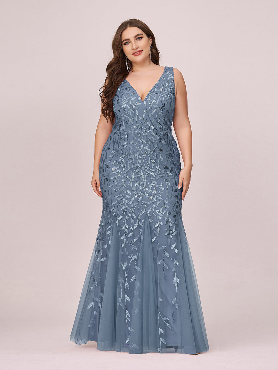 Color=Dusty Blue | Commercial Wholesale Strapless Deep V-Neck Sequin Fishtail Maxi Evening Dresses-Dusty Blue 16