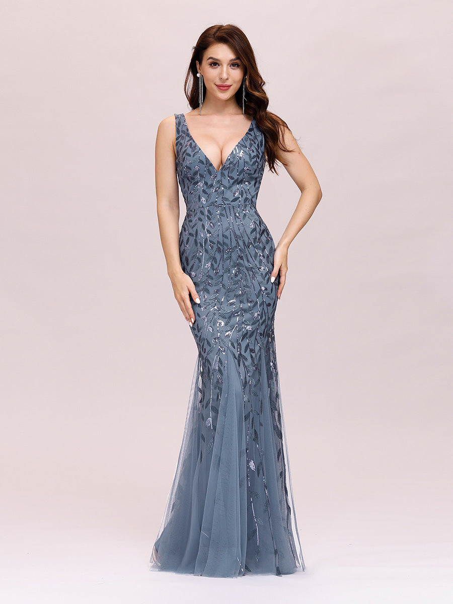 Color=Dusty Blue | Commercial Wholesale Strapless Deep V-Neck Sequin Fishtail Maxi Evening Dresses-Dusty Blue 11