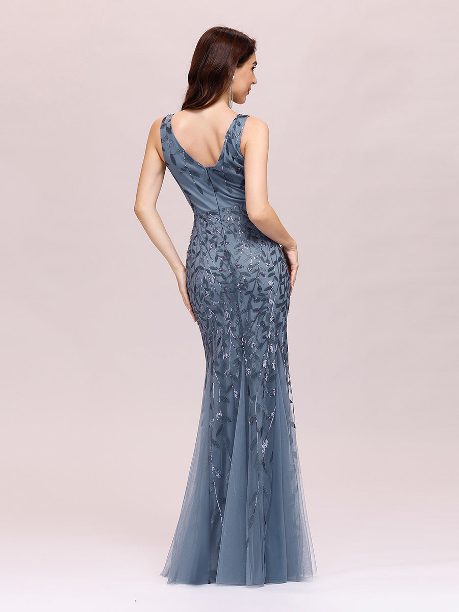 Color=Dusty Blue | Commercial Wholesale Strapless Deep V-Neck Sequin Fishtail Maxi Evening Dresses-Dusty Blue 12