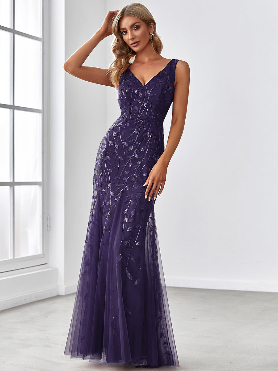 Color=Dark Purple | Commercial Wholesale Strapless Deep V-Neck Sequin Fishtail Maxi Evening Dresses-Dark Purple 21