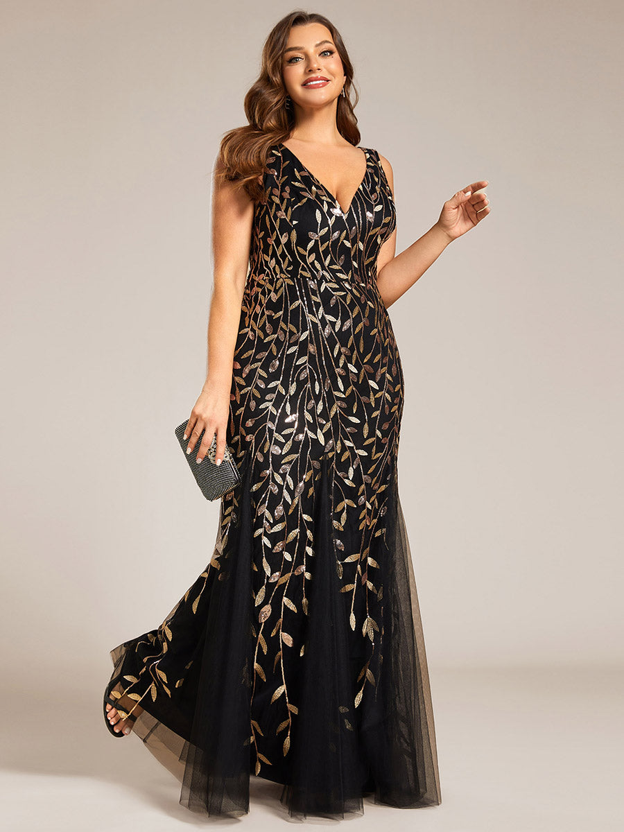 Color=Black Gold | Commercial Wholesale Strapless Deep V-Neck Sequin Fishtail Maxi Evening Dresses-Black Gold 39