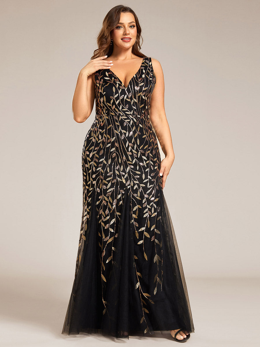 Color=Black Gold | Commercial Wholesale Strapless Deep V-Neck Sequin Fishtail Maxi Evening Dresses-Black Gold 40