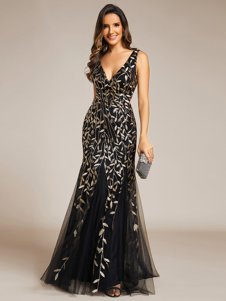 Color=Black Gold | Commercial Wholesale Strapless Deep V-Neck Sequin Fishtail Maxi Evening Dresses-Black Gold 31