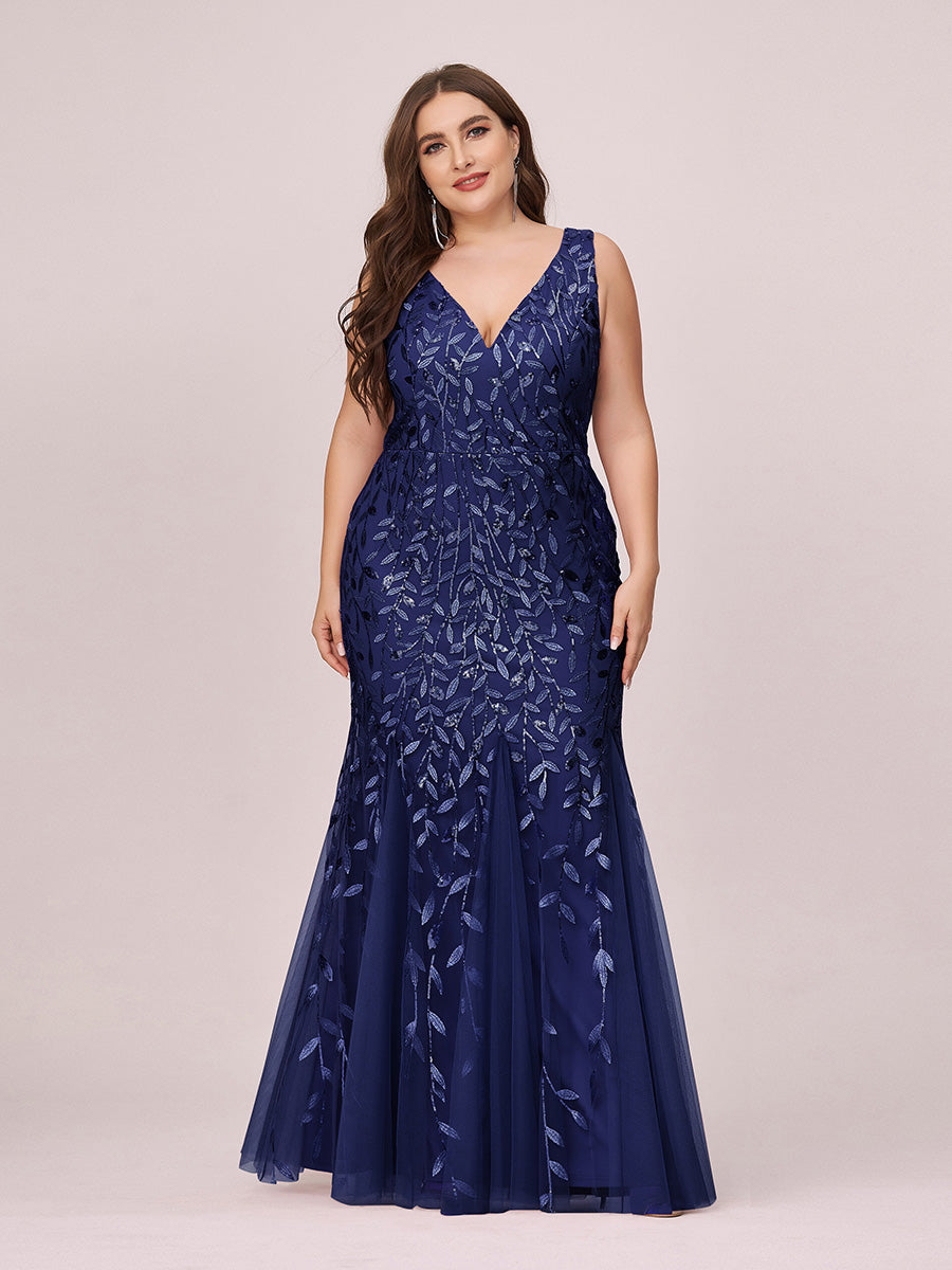 Color=Navy Blue | Commercial Wholesale Strapless Deep V-Neck Sequin Fishtail Maxi Evening Dresses-Navy Blue 46