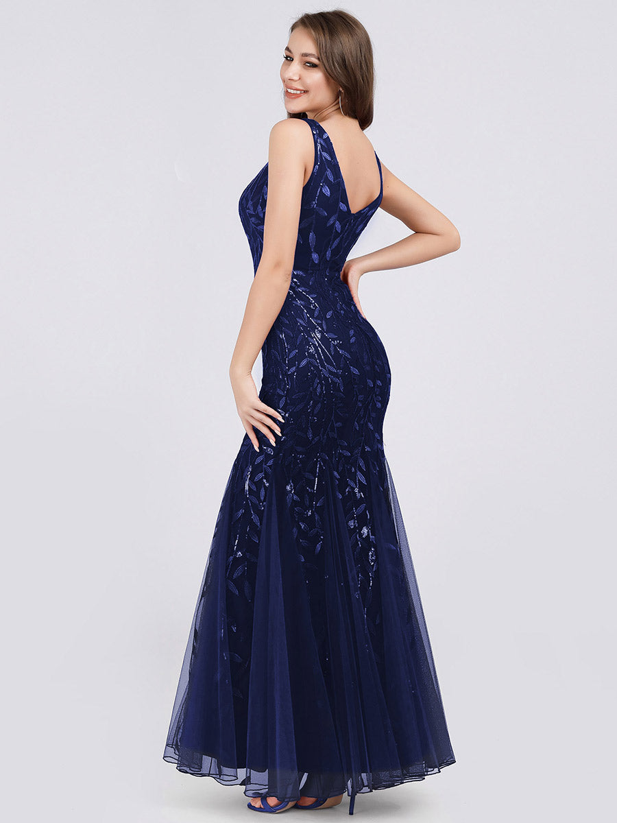 Color=Navy Blue | Commercial Wholesale Strapless Deep V-Neck Sequin Fishtail Maxi Evening Dresses-Navy Blue 42