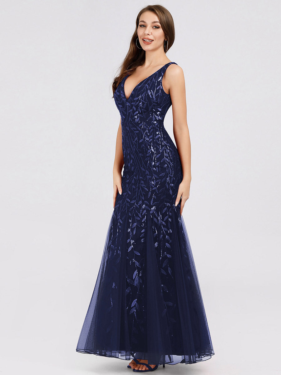 Color=Navy Blue | Commercial Wholesale Strapless Deep V-Neck Sequin Fishtail Maxi Evening Dresses-Navy Blue 44