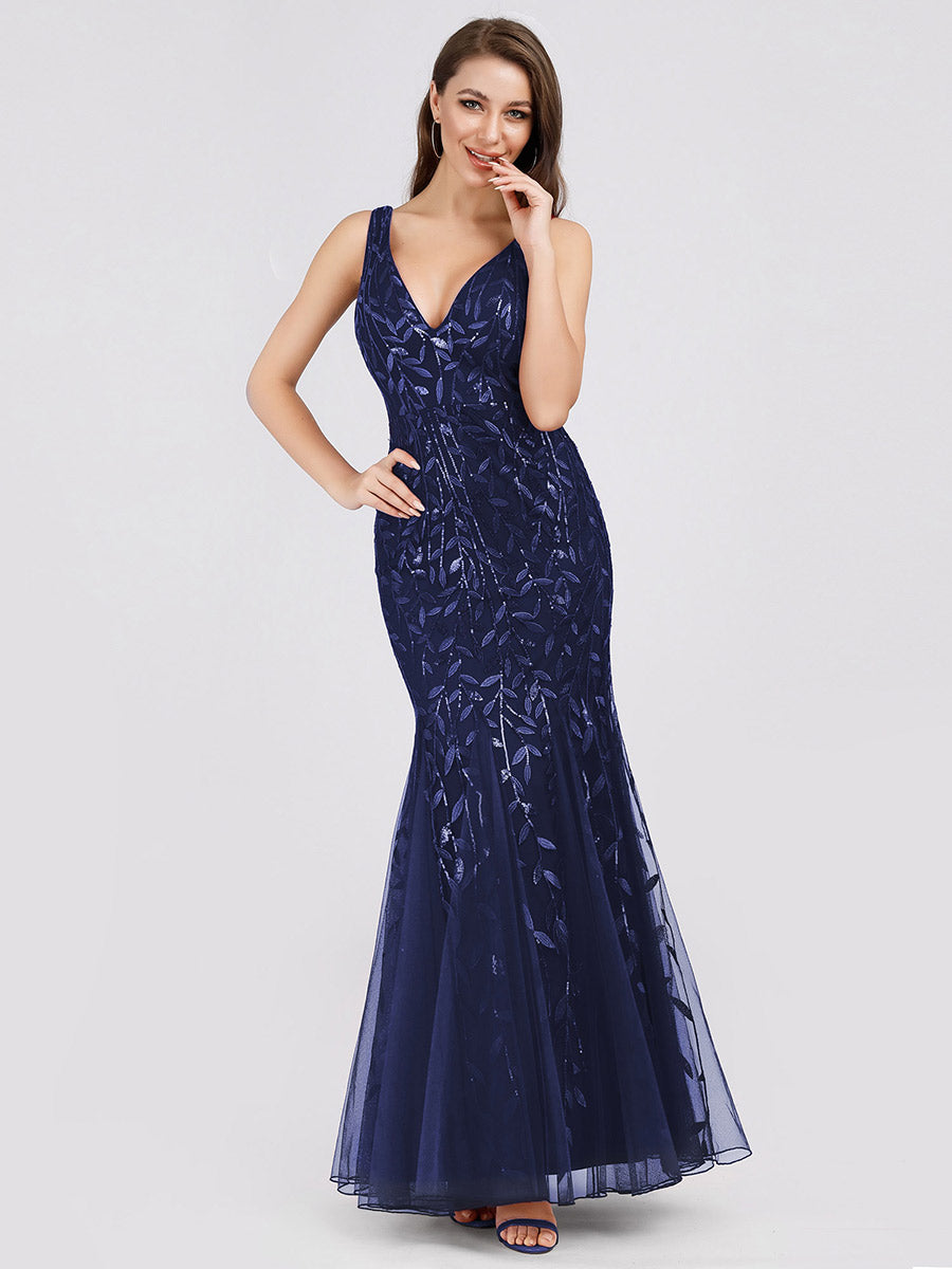 Color=Navy Blue | Commercial Wholesale Strapless Deep V-Neck Sequin Fishtail Maxi Evening Dresses-Navy Blue 45