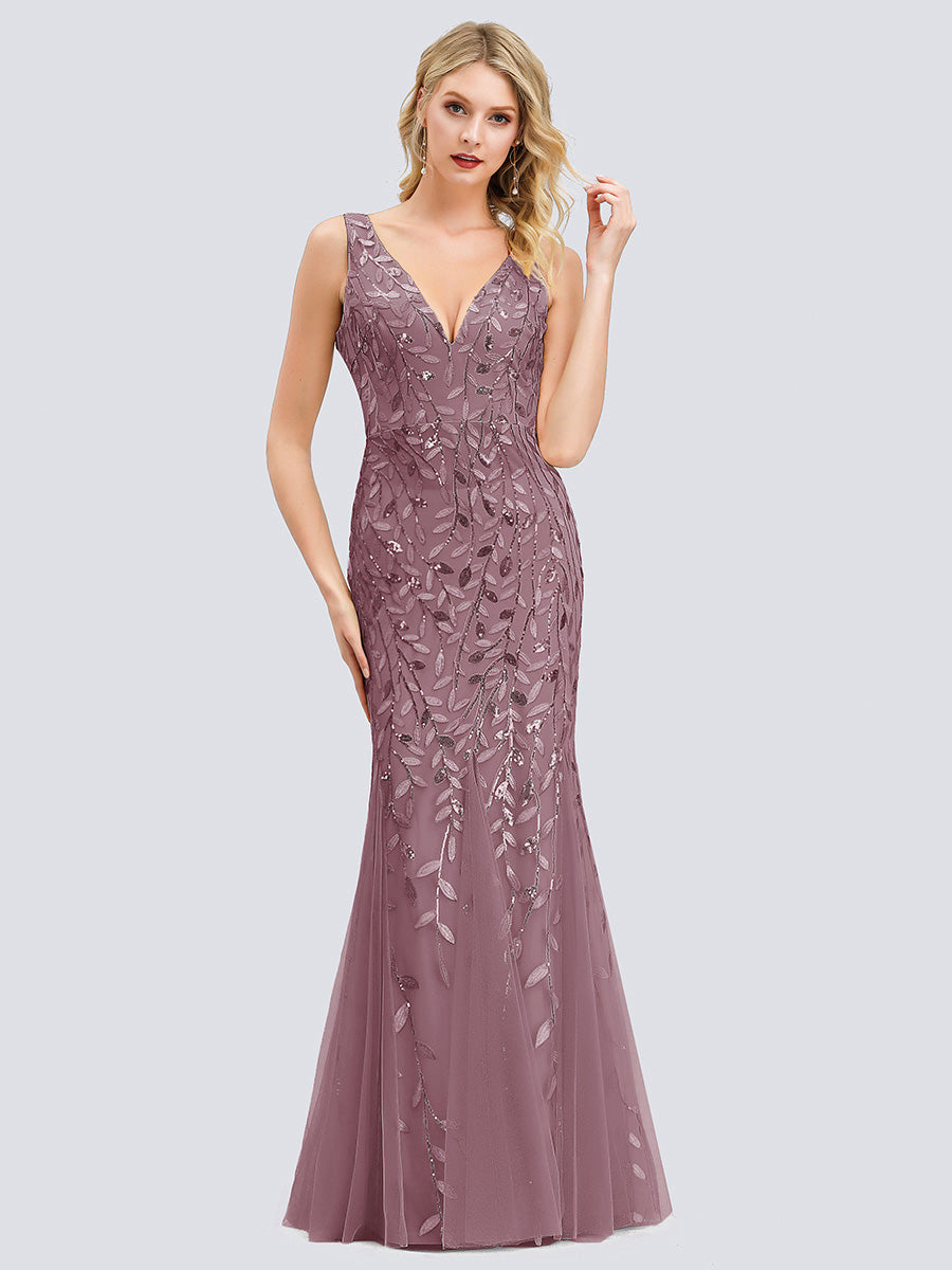 Color=Purple Orchid | Commercial Wholesale Strapless Deep V-Neck Sequin Fishtail Maxi Evening Dresses-Purple Orchid 50