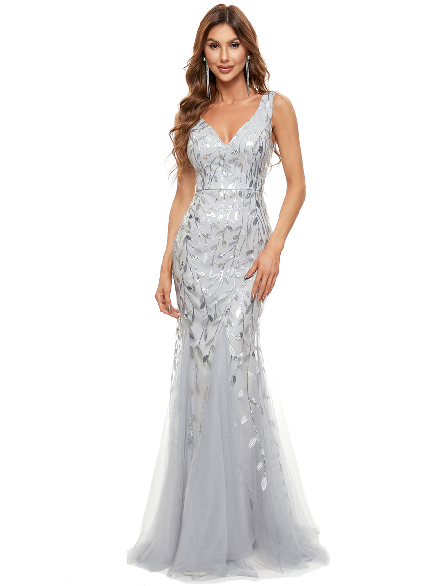 Color=Silver | Commercial Wholesale Strapless Deep V-Neck Sequin Fishtail Maxi Evening Dresses-Silver 60