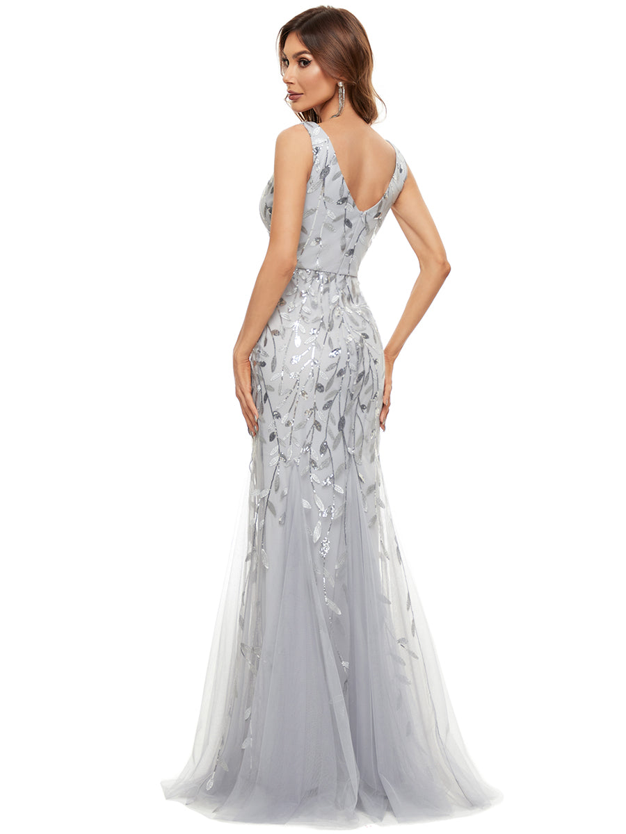 Color=Silver | Commercial Wholesale Strapless Deep V-Neck Sequin Fishtail Maxi Evening Dresses-Silver 61