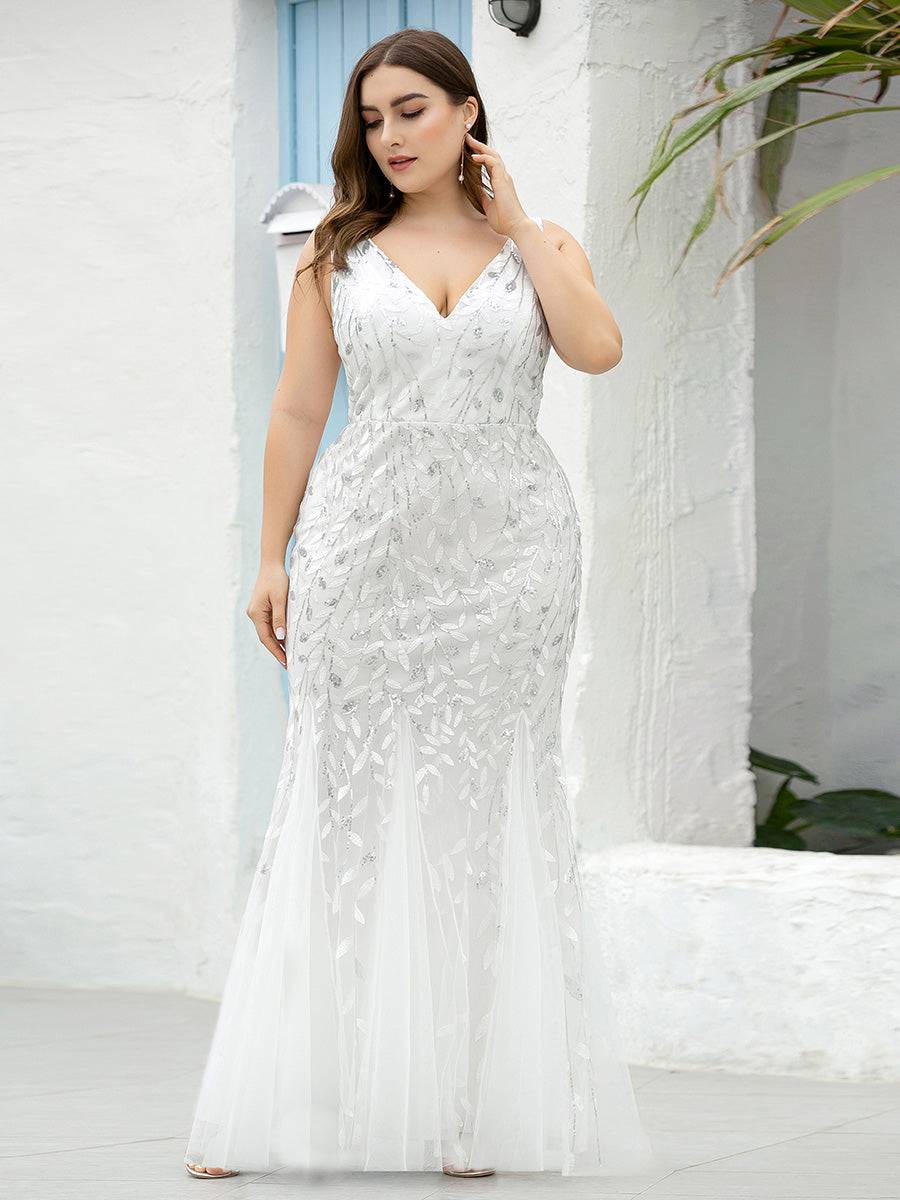 Color=White | Commercial Wholesale Strapless Deep V-Neck Sequin Fishtail Maxi Evening Dresses-White 70