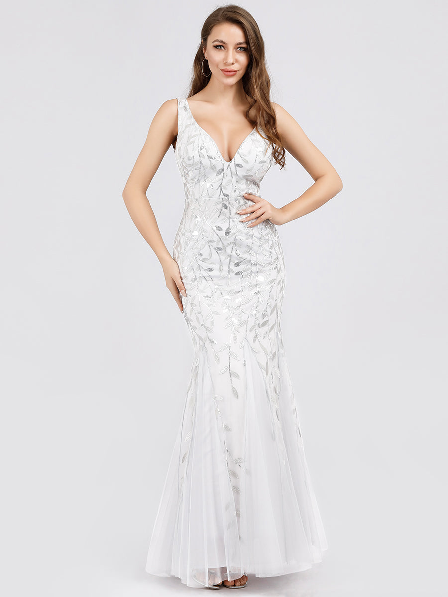 Color=White | Commercial Wholesale Strapless Deep V-Neck Sequin Fishtail Maxi Evening Dresses-White 65