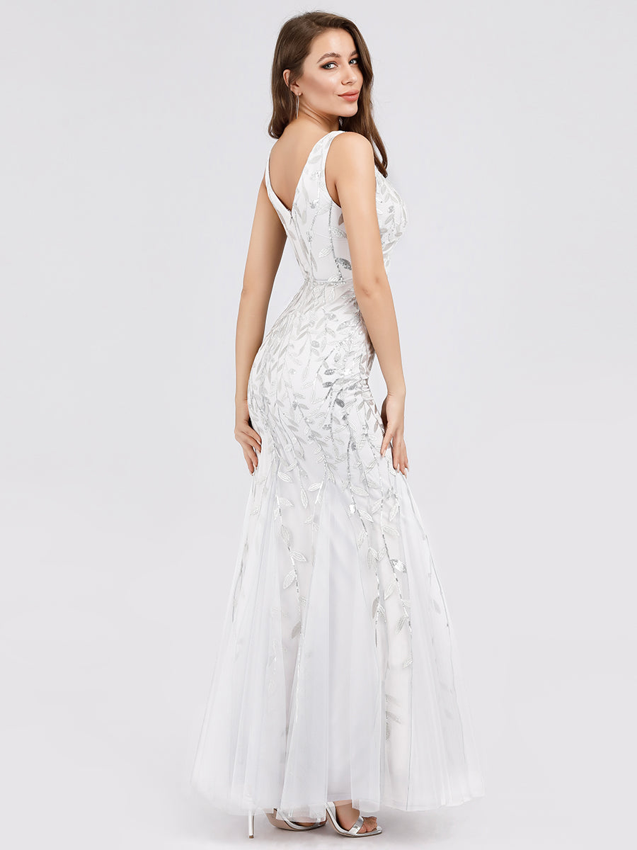Color=White | Commercial Wholesale Strapless Deep V-Neck Sequin Fishtail Maxi Evening Dresses-White 66