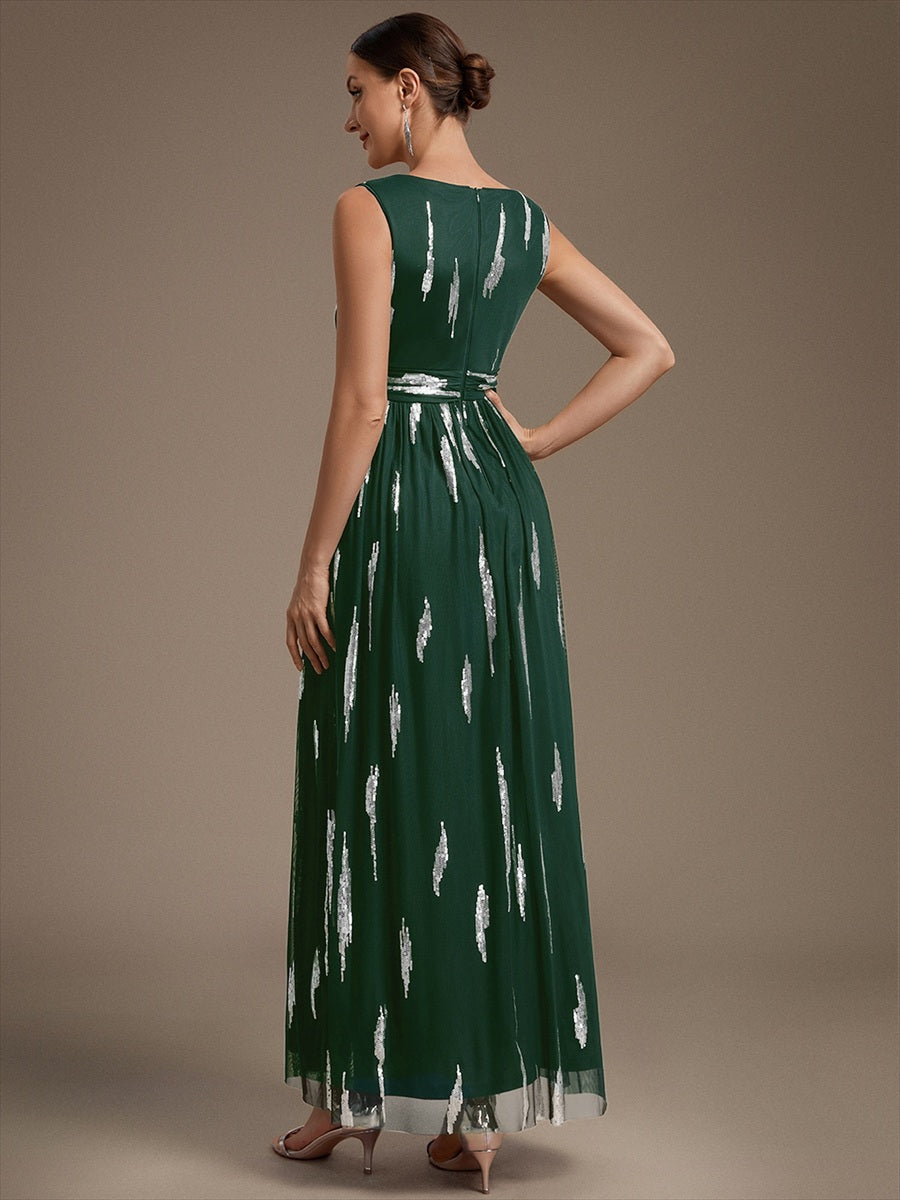 Color=Dark Green | Sequin Draped Sleeveless Maxi Evening Dress Wholesale-Dark Green 2