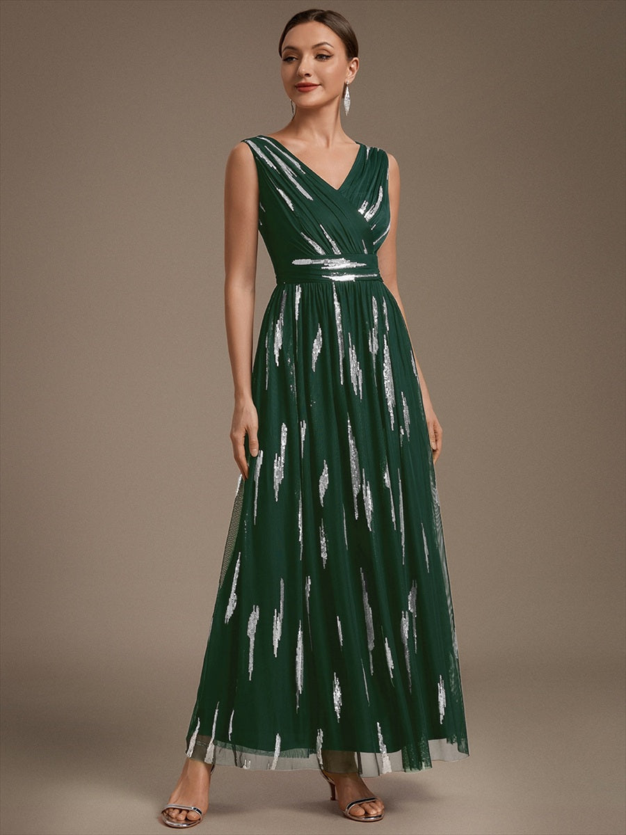 Color=Dark Green | Sequin Draped Sleeveless Maxi Evening Dress Wholesale-Dark Green 3