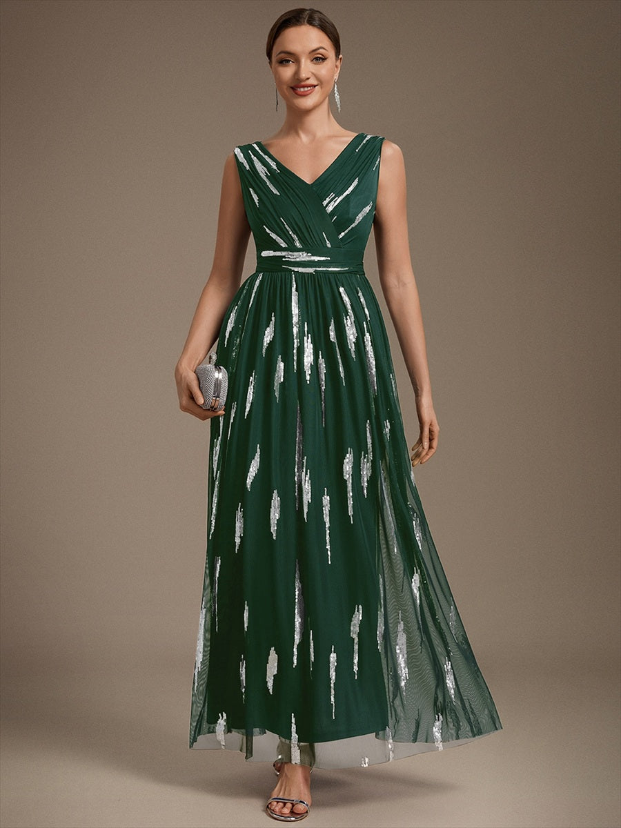 Color=Dark Green | Sequin Draped Sleeveless Maxi Evening Dress Wholesale-Dark Green 4