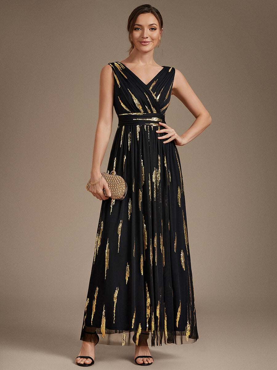Color=Black Gold | Sequin Draped Sleeveless Maxi Evening Dress Wholesale-Black Gold 1