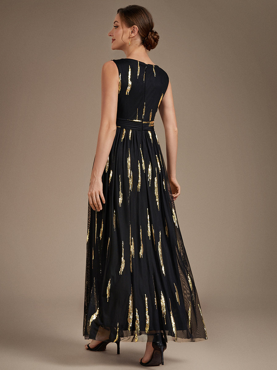 Color=Black Gold | Sequin Draped Sleeveless Maxi Evening Dress Wholesale-Black Gold 2