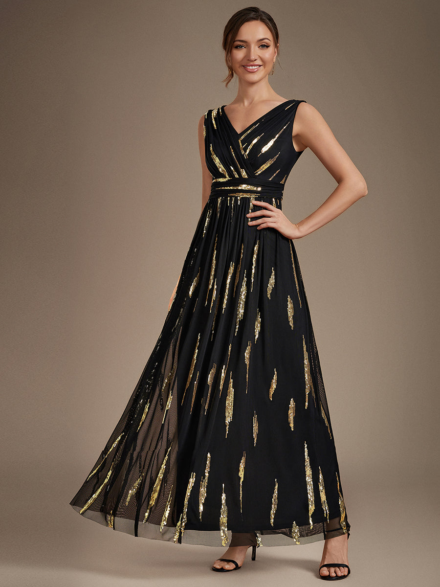 Color=Black Gold | Sequin Draped Sleeveless Maxi Evening Dress Wholesale-Black Gold 4