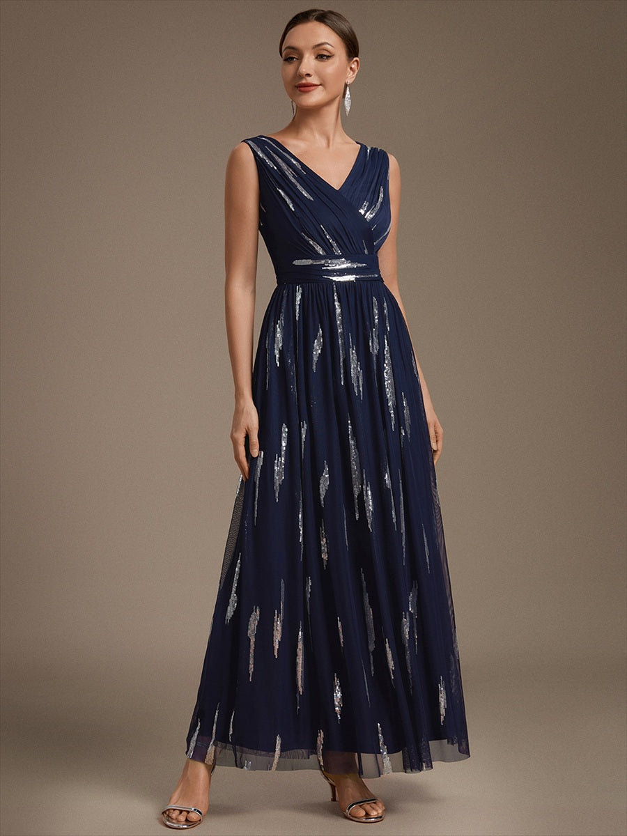 Color=Navy Blue | Sequin Draped Sleeveless Maxi Evening Dress Wholesale-Navy Blue 3