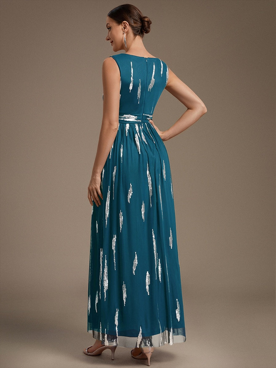 Color=Teal | Sequin Draped Sleeveless Maxi Evening Dress Wholesale-Teal 2