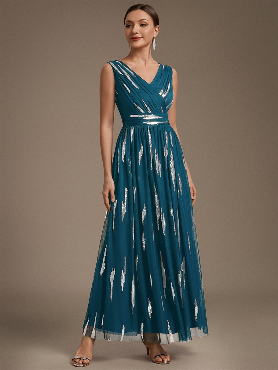 Color=Teal | Sequin Draped Sleeveless Maxi Evening Dress Wholesale-Teal 3