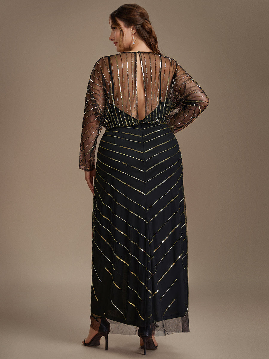 Color=Black Gold | Volume Discounts Long Sleeve Sheath V-Neck High Stretch Maxi Evening Dresses with Slit & Beading-Black Gold 7